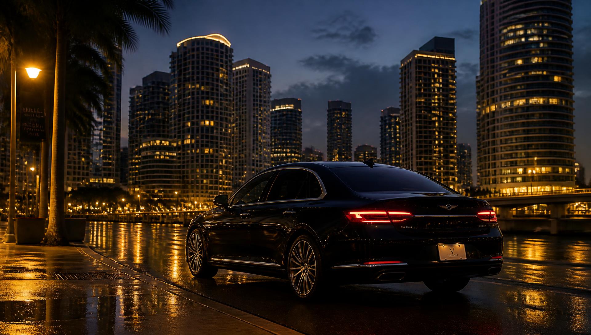 Black luxury sedan on a Brickell street with the Miami skyline at dusk