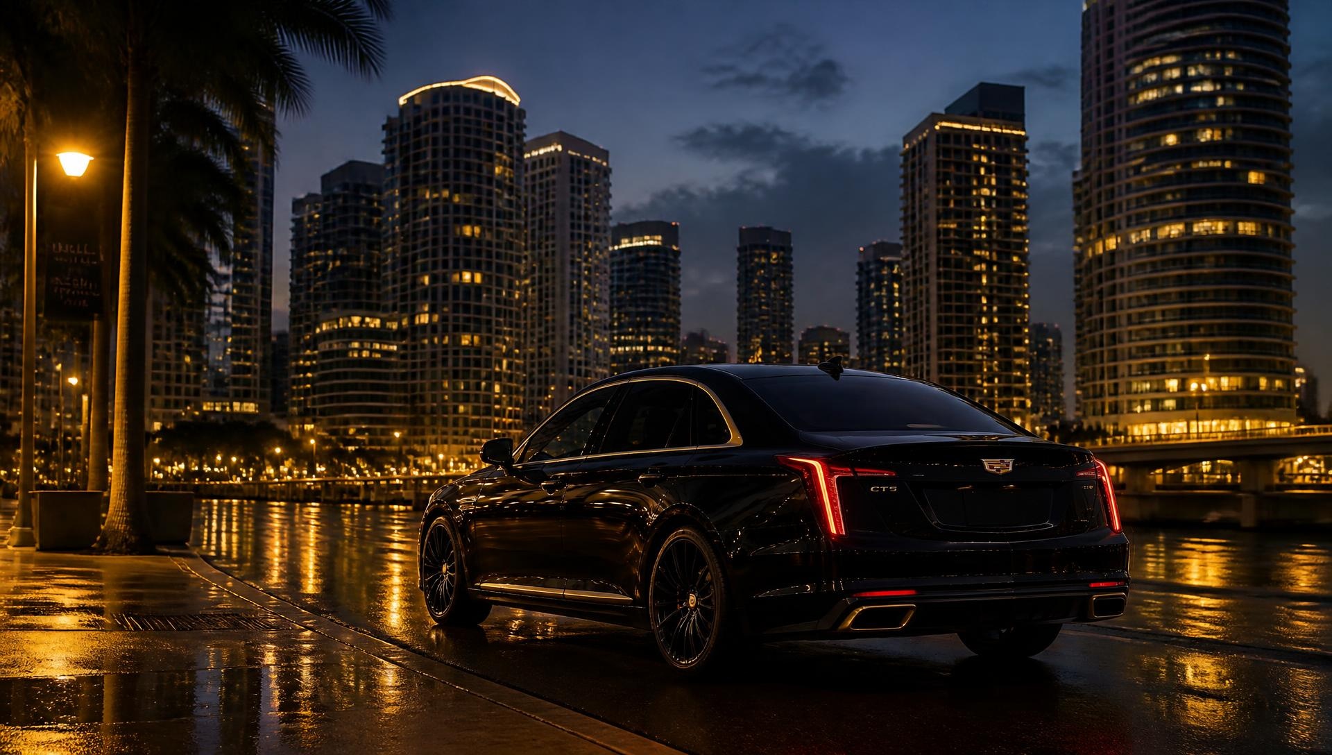 Black Cadillac sedan on a Brickell street with the Miami skyline at dusk
